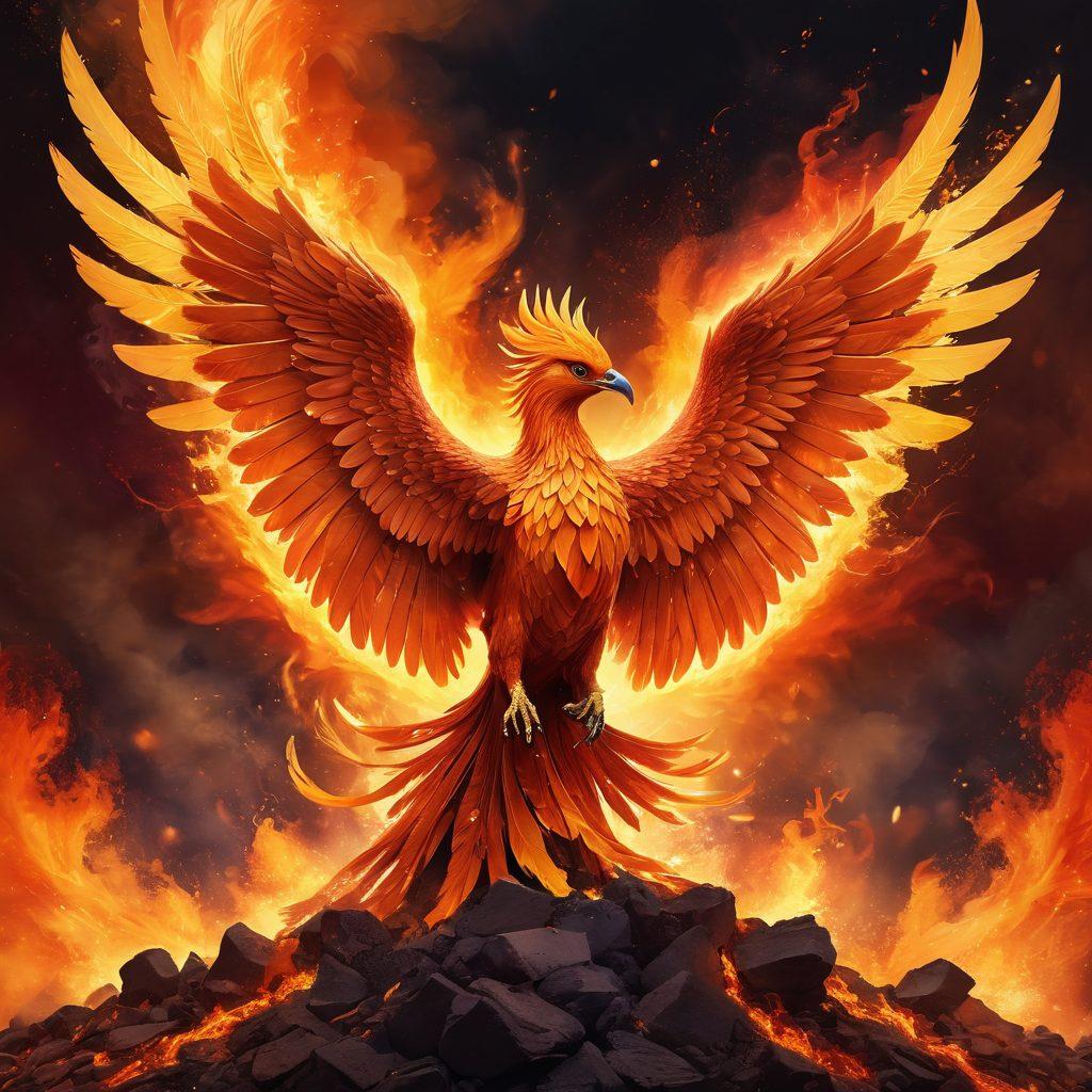 A majestic phoenix rising from vibrant, glowing ashes, symbolizing rebirth and innovation. In the background, a digital landscape filled with abstract symbols of blogging and creativity. The colors are fiery and radiant, with a blend of orange, red, and gold. The phoenix is detailed and dynamic, conveying energy and movement. ethereal, super-realistic, vibrant colors.
