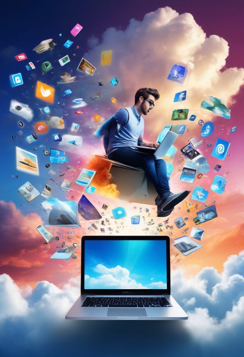 A visually striking depiction of a blogger soaring through a vibrant digital sky, surrounded by various modern content creation tools like a laptop, smartphone, and digital pen. Include floating icons representing trends such as social media, video editing, and SEO, all gleaming against a soft cloud background. The scene captures a sense of freedom and innovation in content creation. super-realistic. vibrant colors.
