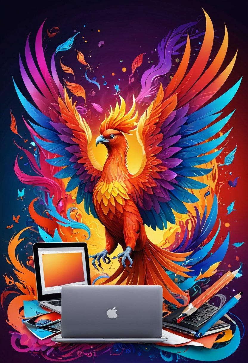 A vibrant phoenix rising from a colorful, chaotic array of blogging tools and creative elements, symbolizing transformation and innovation. The background features a blend of fiery and cool colors illustrating the journey from ordinary to extraordinary. Include elements like laptops, pens, and digital icons swirling around the phoenix. super-realistic. vibrant colors. dynamic composition.